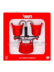 Bialetti Mini Express Набор: гейзерная кофеварка красная на 2 порции + 2 чашки